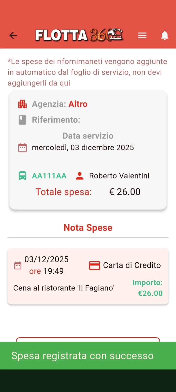 Flotta 360 — nota spese